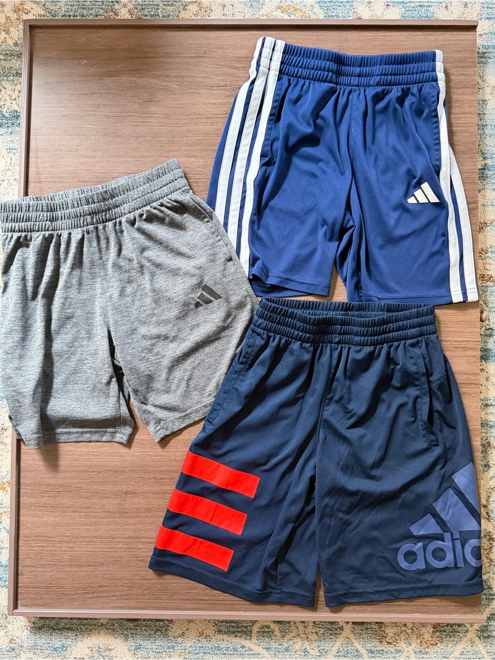 3 pack Adidas Kids Athletic Shorts- Blue, Navy & Gray size small 8 boy youth